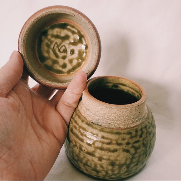 Vintage Handmade Green Pottery Jar Pot Glazed